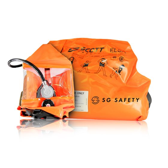 ELSA fluktapparat synlig oransje med flukthette og trykkluft