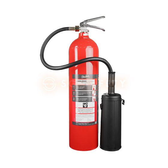 Stående front Skuteng 5 kilo CO2 slukker. Med logo slange og avtrekker