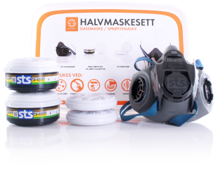 maskesett halvmaske og filter sett fra front gassmaske og støvmaske