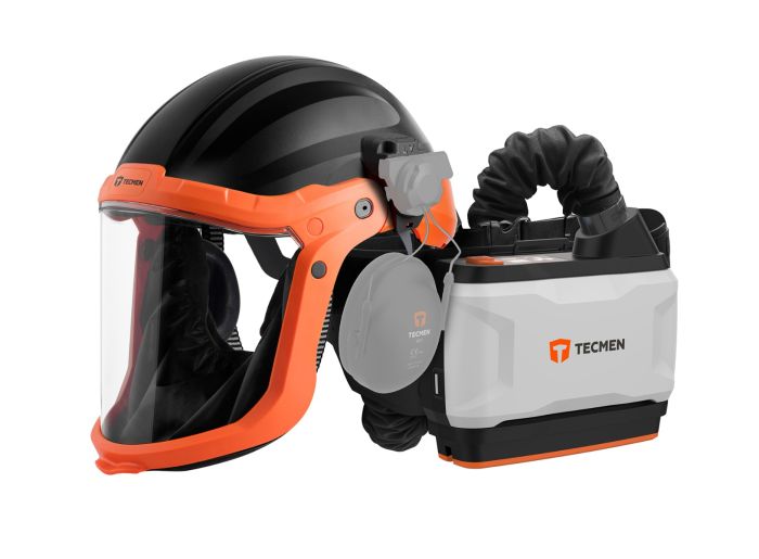 Tecmen komplett åndedrettsvern med viftemotor, slange, hjelm oransje og sort 