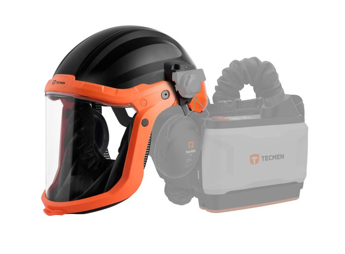 Tecmen oransje og sort hjelm skrått