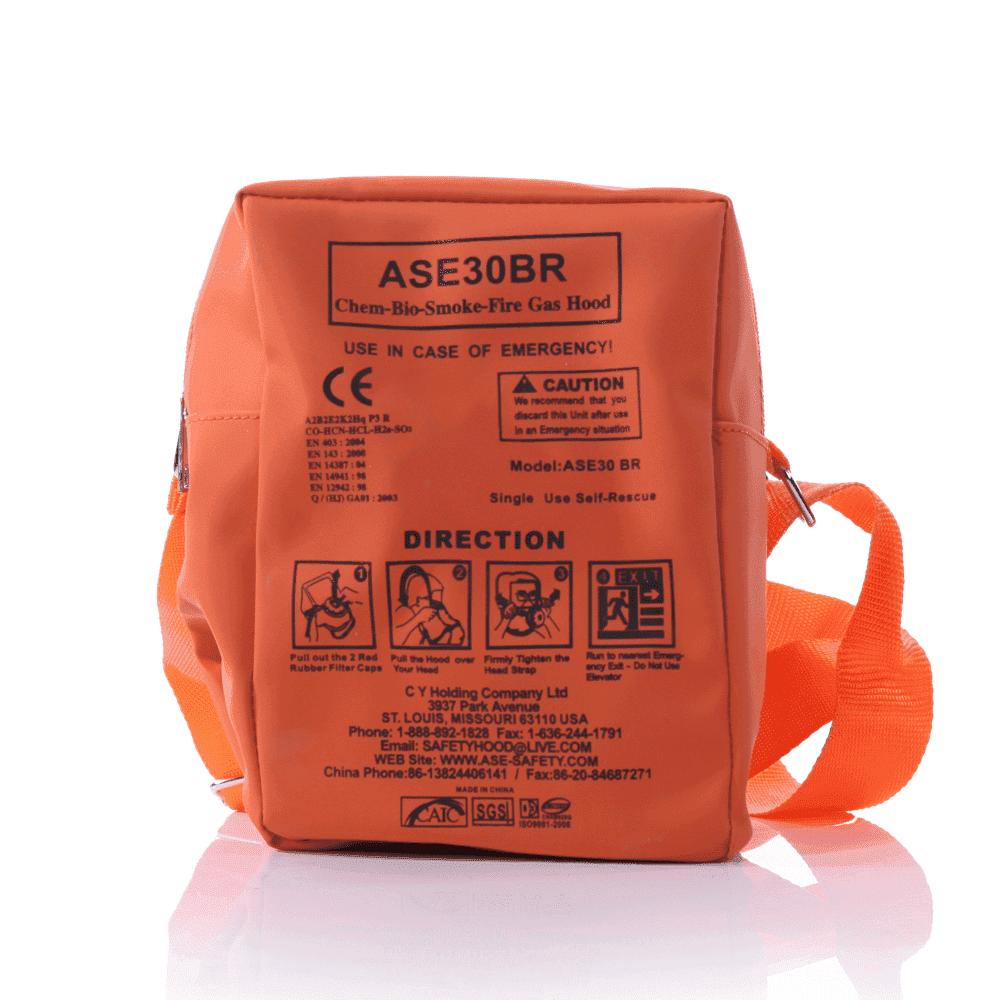 fluktmaske oransje i oppbevaringspose flukthette