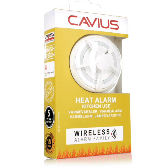 Temperaturvarsler Cavius i gul forpakning brannalarm front